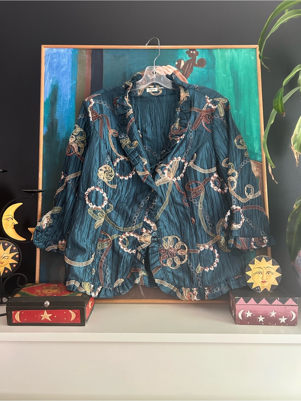 Agora Ruffle Blouse Teal Abstract Ribbon Print Crinkle Button Front Women Large